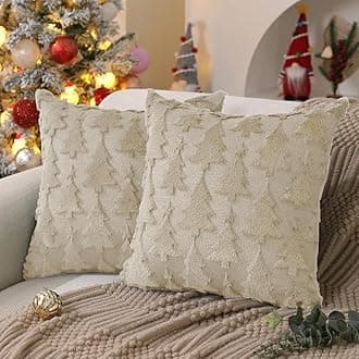 DFXSZ Christmas Tree Pillow Covers 20x20 inch Set of 2 Christmas Decoration Beige Soft Plush Faux Fur Jacquard Throw Pillows for Bedroom Sofa Holiday Festivals Winter Home Decor X PTK009C20