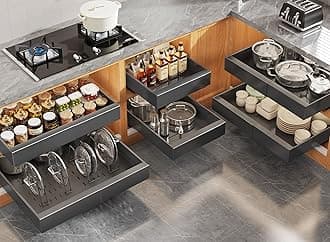 Seinloes 6Pack Expandable Pull Out Cabinet Organizer 21"Deep with Raising Pad for Framed Cabinets,Slide Out Drawers with 4pcs Divider Racks,Roll Out Shelves Adhesive,Adjustable Width 12.05"-20.4"Black