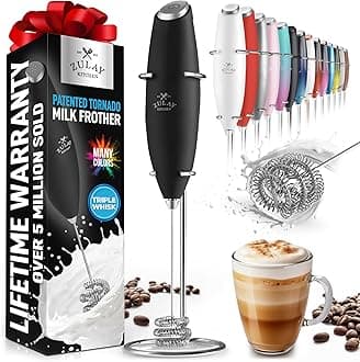 Zulay KitchenTornado Milk Frother Handheld Wand – Electric Coffee Frother with Triple Whisk & Stand – Hand Held Drink Mixer for Latte, Cappuccino, Matcha, Hot Chocolate, Protein Shakes – Black