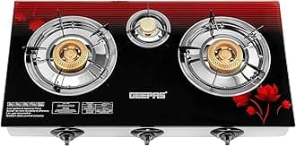Geepas GGC31012 3-Burner Gas Cooker Size 70mm, 40mm & 90mm Respectively - Ergonomic Design, Automatic Ignition, 3 Heating Zones | Stainless Steel Frame & Tray | 2 Years Warranty