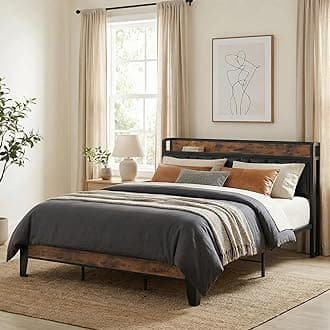 LIKIMIO California King Bed Frame, Storage Headboard with Charging Station, Solid and Stable, Noise Free, No Box Spring Needed, Easy Assembly (Vintage and Black)