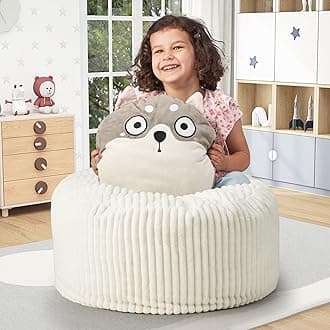 Hobestluk Bean Bag Chairs 2.5FT Bean Bag Chair with Memory Foam Filled & Stripe Plush Cover Small Bean Bag Chairs for Playroom, Living Room, Bedroom (White)