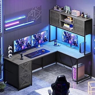 SEDETA L Shaped Gaming Desk, Reversible Computer Desk with Fabric Drawers and Power Outlet, Gaming Desk with Led Lights, Hutch and Storage Shelf for Home Office, Grey