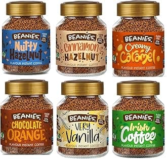 Beanies Flavoured Instant Coffee Variety Pack - 6 x 50g jars - Chocolate Orange, Irish Coffee, Nutty Hazelnut, Creamy Caramel, Cinnamon Hazelnut, Vanilla.