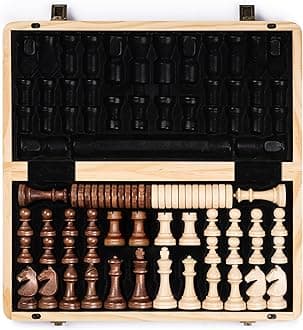 15" Magnetic Wooden Chess Set/Folding Board / 3" King Height German Knight Staunton Chess Pieces/Mahogany & Maple Inlaid /2 Extra Queen