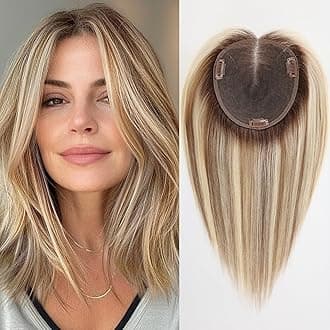 starluck Lage Swiss Base SilkHug 14 Inch Real Human Hair Toppers,60 Gram,100% Real Human Hair Toppers for Women with thinning (Blonde Mixed Brown with Dark Brown Roots,no Bangs)