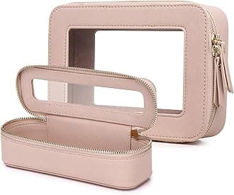 LOFOWN Clear Travel Makeup Bag with Brush Case Portable Transparent Cosmetic Bag and Toiletry Bag Waterproof Makeup Organizer with Zipper Car Essential for Women (Pink, M+Slim)