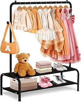 Kids Clothing Rack - Small Garment Rack - Small Kids Costume Wardrobe Rack with 2 Fabric Floors Storage Shelf - Mini Short Baby Toddler Clothes Rack