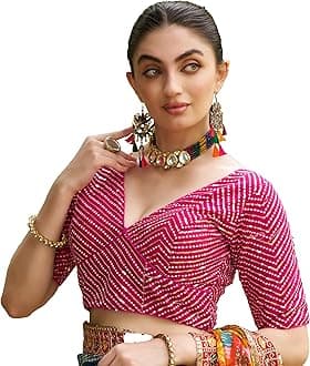 Womens Fancy Georgette Readymade Half Sleeve Sequins Saree Blouse (Pink 1, 36)