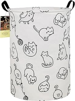 HUNRUNG Laundry Hamper,Large Canvas Fabric Lightweight Storage Basket Toy Organizer Dirty Clothes Collapsible Waterproof for College Dorms, Children Bedroom,Bathroom（Round cat）