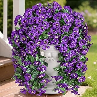 HyeFlora Artificial Fake Hanging Flowers Plants for Outdoor Outside Summer Decoration, 2PCS Faux Silk Morning Glory Purple UV Resistant Look Real Trailing Vines for Home Planter Porch Patio
