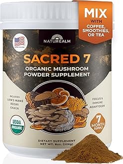 SACRED 7 Mushroom Extract Powder - USDA Organic - Lion's Mane, Reishi, Cordyceps, Maitake, Shiitake, Turkey Tail, Chaga - Immunity Supplement - Add to Coffee & Tea - Real Mushrooms - No fillers - 226g