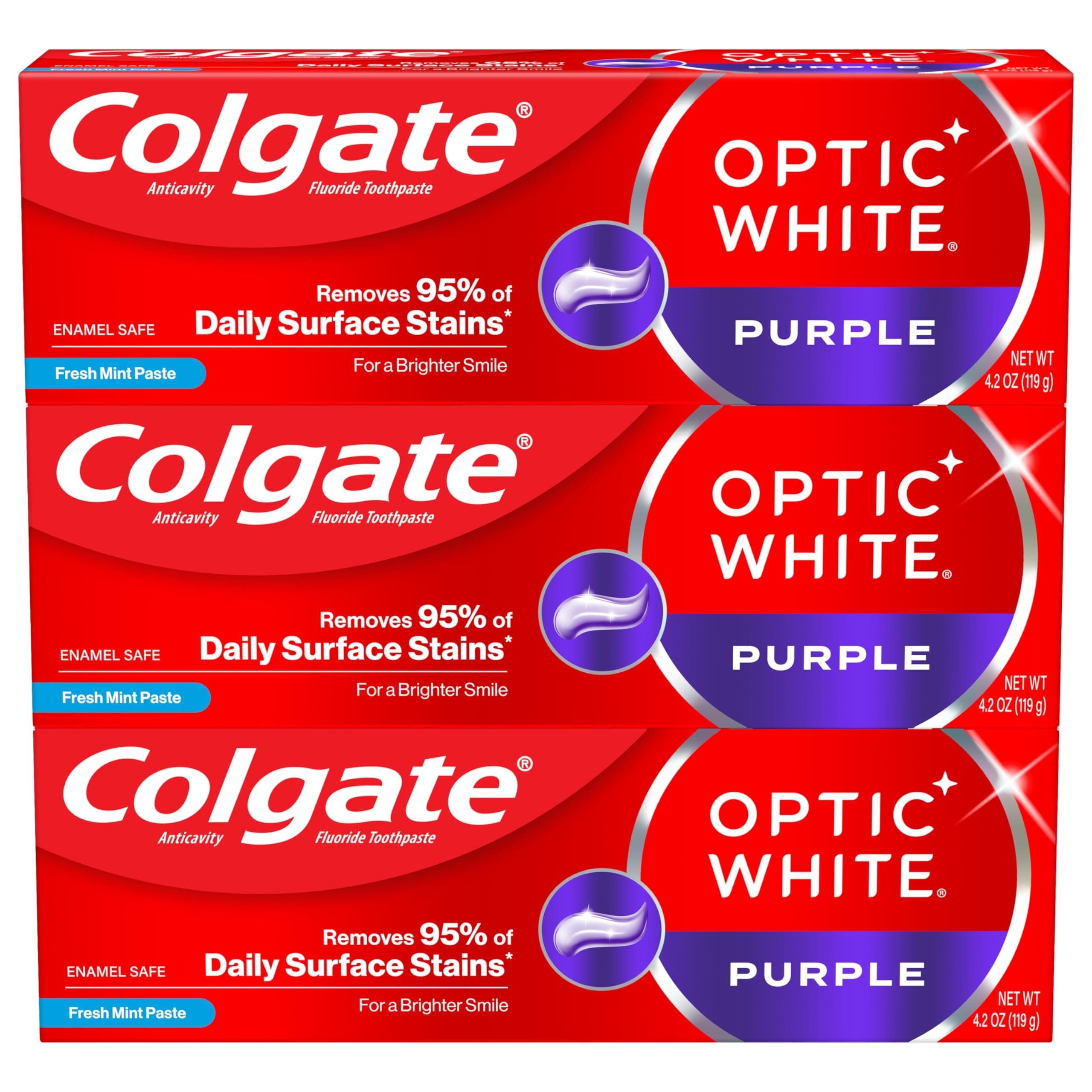 Optic White Purple Toothpaste for Teeth Whitening, Teeth Whitening Toothpaste with Fluoride, Helps Remove Surface Stains, Enamel-Safe for Daily Use, Mint, 3 Pack, 4.2 oz