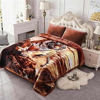Korean Style Fleece Blanket King Size, 87" x94", 10.5 lbs, Heavy Raschel Fleece Animal Blanket for Adult, 2 Ply, Silky Plush Soft,Thick, Warm for Fall Winter, A&B Print Tiger & Horse