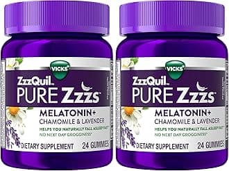 ZzzQuil Pure Zzzs, Melatonin Sleep Aid Gummies with Lavender, Valerian Root and Chamomile, Natural Wildberry Vanilla Flavor, Non-Habit Forming, Drug-Free, 24 Gummies (Pack of 2)