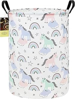 HUNRUNG Laundry Hamper,Large Canvas Fabric Lightweight Storage Basket Toy Organizer Dirty Clothes Collapsible Waterproof for College Dorms（Round-Star Unicorn）
