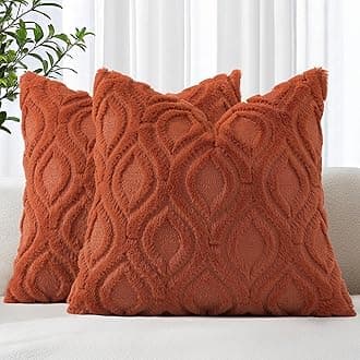 Fall Throw Pillow Covers 18x18 Inch Set of 2, Soft Plush Decorative Faux Fur Rust Solid Couch Pillow Covers, Accent Farmhouse Neutral Square Euro Pillow Cases for Sofa Bed Living Room