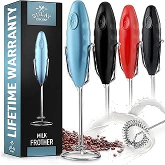 Zulay Double Grip Milk Frother with Holster Stand – Handheld Electric Coffee Frother, One-Touch Foam Maker – Detachable SS Whisk for Latte, Cappuccino, Matcha, Hot Chocolate – Metallic Ice Blue