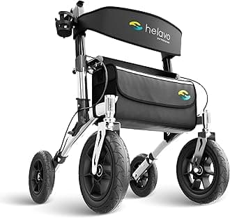 Helavo All Terrain Walker with Puncture-Proof, Flat-Free Solid Rubber Tires, 12" Wheels - Foldable Outdoor Walker for Seniors with Seat, Ergonomic Handles and Extra Padded Backrest