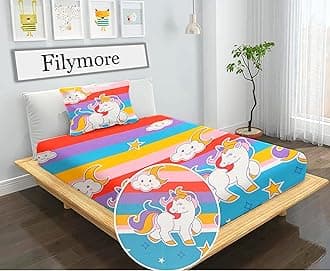 Filymore Unicorn Single Bedsheet for Kids 240 TC Cute Cartoon Design for Girl...