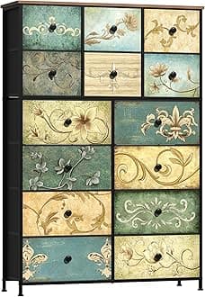 Tohomeor Dresser with Drawers for Bedroom Chest of Drawers Fabric Dresser for Closet,Nursery Entryway Hall Tree TV Stand for Living Room Retro Floral Pattern Drawers Wooden Top (14 Drawers)