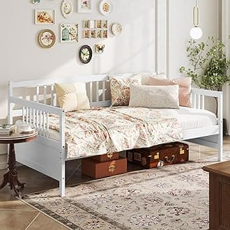 Giantex Twin Daybed Frame, Wooden Sofa Bed Guest Bed with Rails & Wood Slat Support, Dual-use Twin Size Platform Bed Frame for Living Room Bedroom, No Box Spring Needed, White