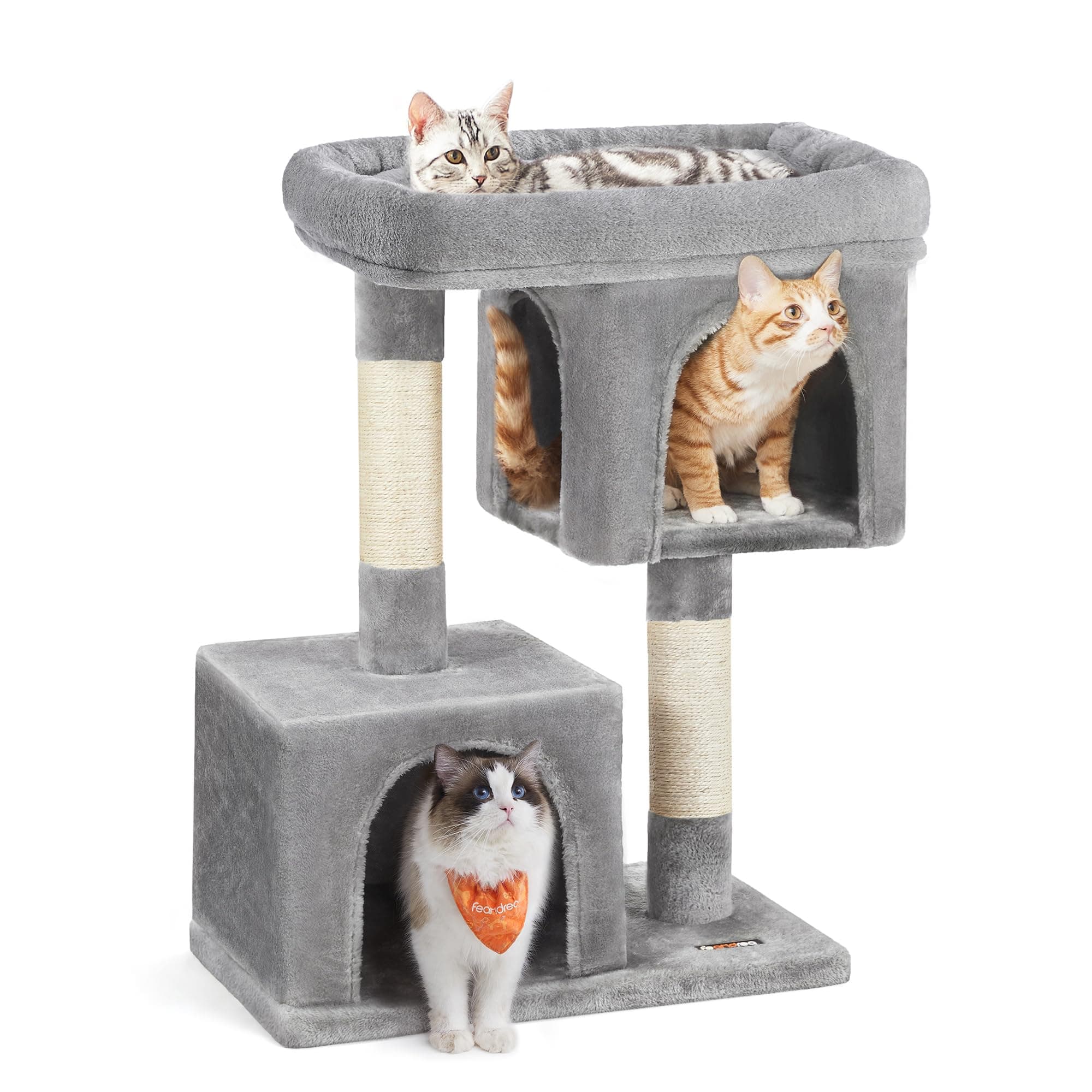 Feandrea Cat Tree, 33.1-Inch Cat Tower, Plush Condo for Large Cats up to 16 lb, Large Perch, 2 Caves, Scratching Post, Light Gray UPCT61W