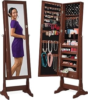 Best Choice Products Freestanding Jewelry Armoire Cabinet, Full Length Standing Mirror, Lockable Makeup Storage Organizer, w/Velvet Lining, 3 Angles, Lock, Accessory Pouch, 5 Shelves - Walnut