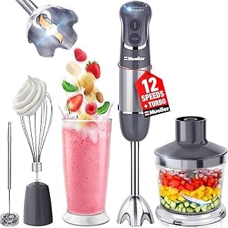 Mueller Multistick 5-in-1 Immersion Blender Handheld,12 Speed Hand Mixer-Turbo Boost,Heaviest Duty Copper Motor,Titanium reinforced Blades Hand Blender,Milk Frother Wand,Whisk,Beaker,Chopper,Grey