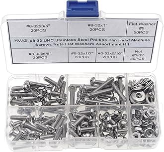 HVAZI #8-32 UNC Stainless Steel Phillips Pan Head Machine Screws Nuts Flat Washers Assortment Kit