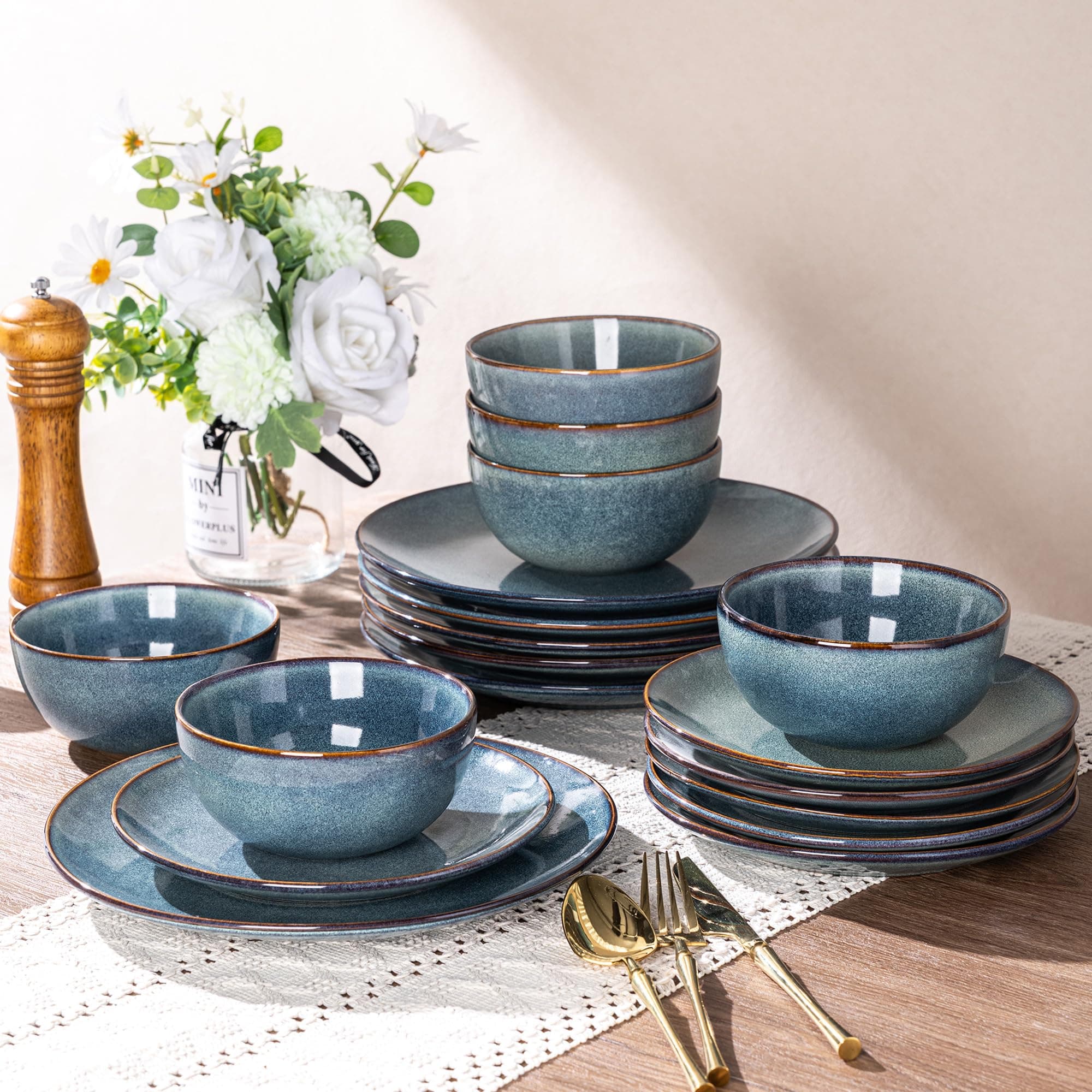 Ceramic Dinnerware Sets for 6, 18 Pieces Handpainted Plates and Bowls Set, Scratch Resistant Stoneware Dishes Set, Dishwasher & Microwave Safe, Ceylon Blue
