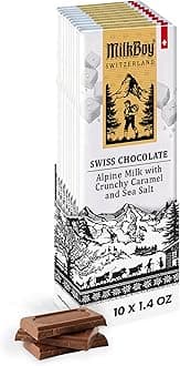 Milk Chocolates - Premium Alpine Milk Chocolate Bars with Crunchy Caramel & Sea Salt - Made in Switzerland - GMO Free - Each 1.4 oz - 10 Pack