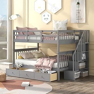 Modern Bunk Bed Full-Over-Full Size with Storage Staircase and Drawer, Solid Wood Full Bunk Bed Frame with Safety Guardrail for Kids Teens Adults, Can be Split into 2 Separate Beds (Gray-5)