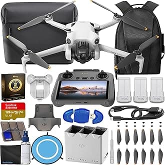Mini 4 Pro Drone Fly More Combo with RC 2 Controller (With Screen) Folding Drone with 4K Video, Under 249g, 34 Mins Flight Time, Vision Sensing 3 Batteries Bundle with 128GB Memory Card, CPS 2 Year Warranty + Pilot Kit