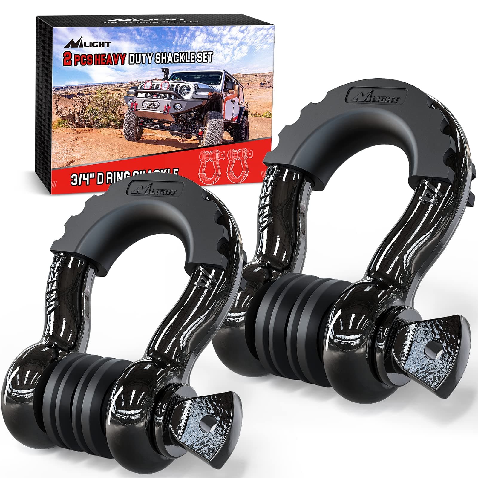 90052B 2 Pack 3/4" D-Ring Shackle 4.75 Ton (9500 Lbs) Capacity with 7/8" Pin Heavy Duty Off Road Recovery Shackle with Isolators & Washer Kit for Jeep Truck Vehicle , Black