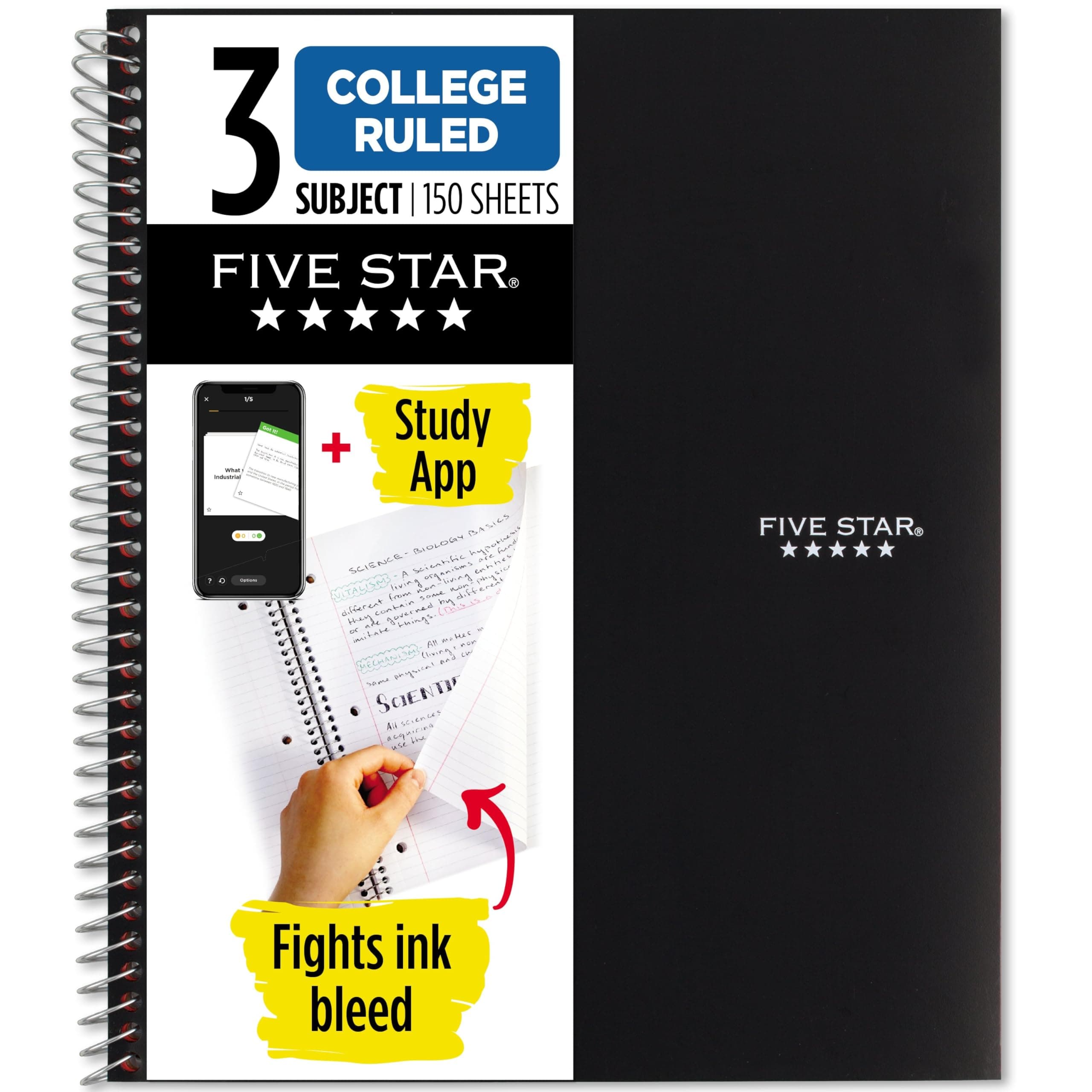 Staples Five Star 3-Subject Wirebound Notebook, 8-1/2 X 11, College Ruled, 150 Sheets, Black (72069)