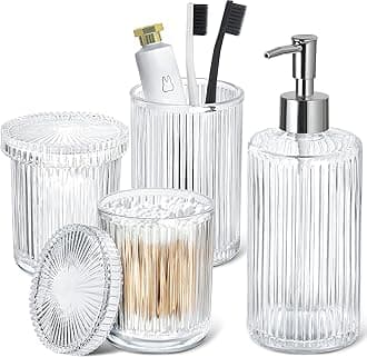 RYTOXILO Bathroom Accessories Set, 4 Pack Clear Glass Bath Accessory Sets Complete, Ribbed Soap Dispenser and Toothbrush Holder Set with 2 Qtip Holders, Modern Sliver Bathroom Counter Decor
