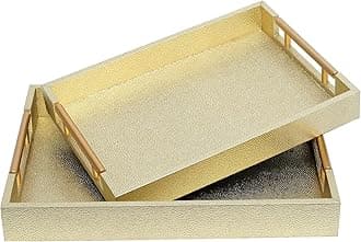 Set of 2 Shagreen Serving Tray with Gold Polished Metal Handles Gold Decorative Wood Tray PU Leather with Brushed Gold for Coffee Table Ottoman Console Table Decor