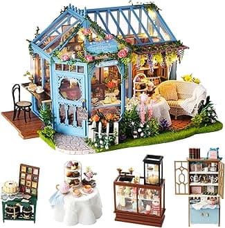 SPILAY Dollhouse Miniature with Furniture,DIY Dollhouse Kit Plus Dust Cover & Music Box,1:24 Scale Creative Room for Girl Christmas Birthday Gift for Lover and Friends (Rose Garden Tea House)
