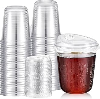 50 Sets Clear Plastic Coffee Cups with Sip Lids, Disposable Plastic PET Crystal Cups for Iced Coffee, Smoothie, Cold Beverage, Drink Shops and Party Catering(Clear,14 oz)