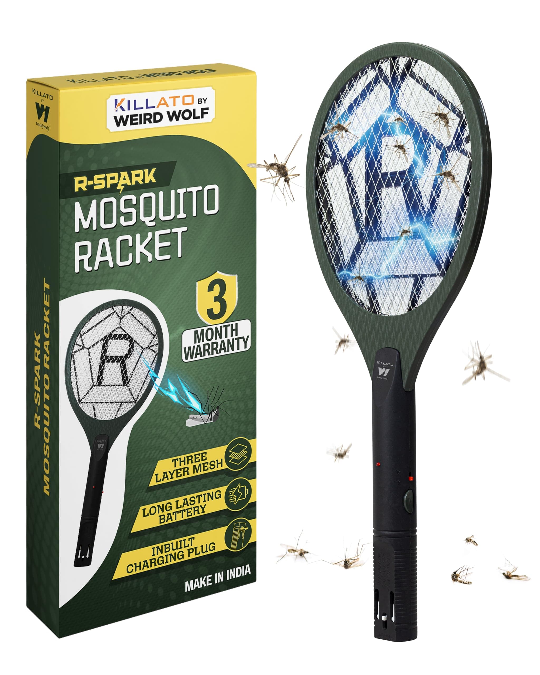 2 in 1 Rechargeable Mosquito Killer Racket with UV Light & Base Stand | Electric Fly Swatter with Auto & Manual Mode | Type-C USB Charging | 1200 mAh Lithium Battery | 6 Month Warranty