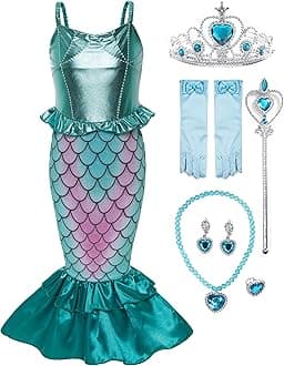 Funna Girls Mermaid Costume Princess Dress Up with Accessories Green, 7-8 Years