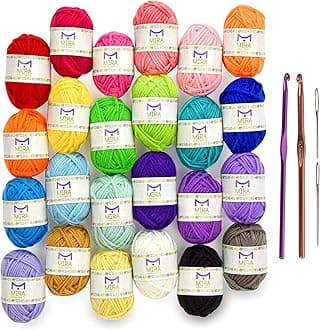 Mira HandCrafts Crochet and Knitting Starter Kit for Colorful Arts and Crafts - 24 Yarn Skeins with 525 Yards of Multicolored Thread, 2 Hooks, 2 Weaving Needles - Make Amigurumi, Scarves, and Throws