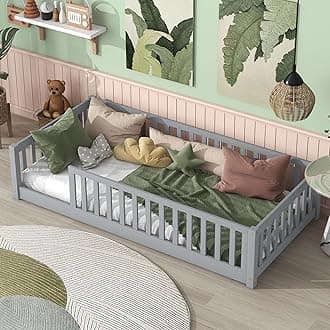 Bellemave Twin Size Floor Bed with slats for Kids, Girls, Boys, Wood Montessori Floor Bed with Guard Rails, Without Door, Gray