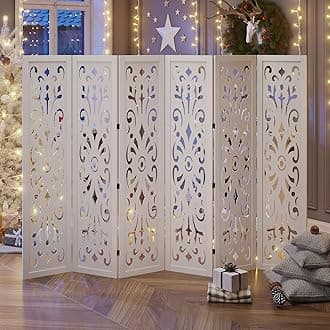 5.6Ft Room Divider Folding Wood Classical Carved Partition Screen for Home Office Garden - 6 Panels (White)