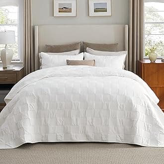 100% Cotton Quilt Set - Lightweight Queen Bedspread, Cozy White Bedding Coverlet 3-Piece with Pillow Shams in Checker Pattern for All Season, 90x96 inches, 100% Cotton Voile