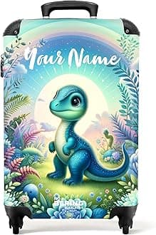 Children's Luggage Kids Suitcase for Boys - Personalised Lightweight Cabin Suitcase on Wheels - Dino Flowers and Plants - 55x40x20cm - Hard Shell Trolley - 20" - 10kg