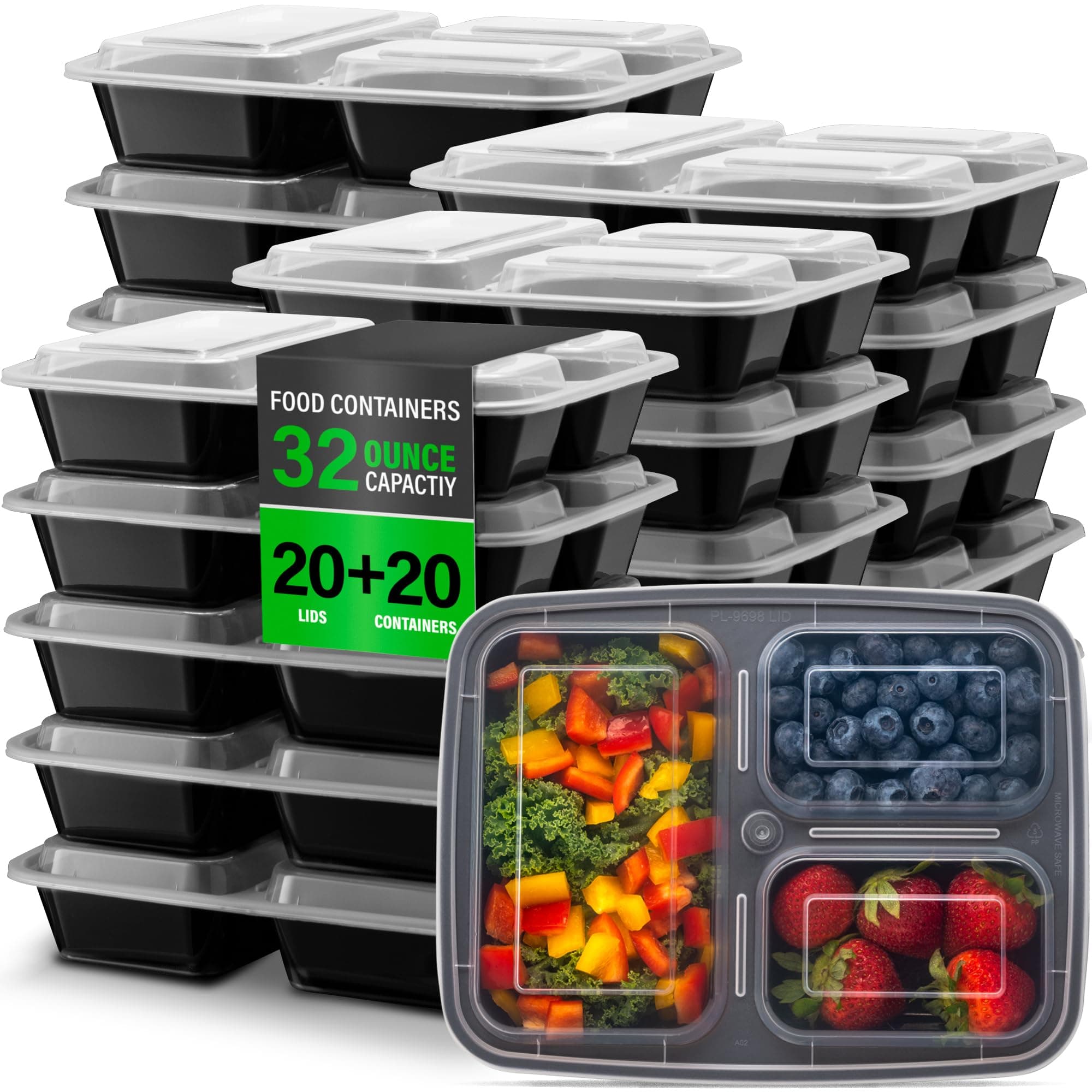Ez Prepa [20 Pack] 32oz 3 Compartment Meal Prep Containers with Lids - Bento Box - Durable BPA Free Plastic Reusable Food Storage Containers - Stackable, Reusable, Microwaveable & Dishwasher Safe