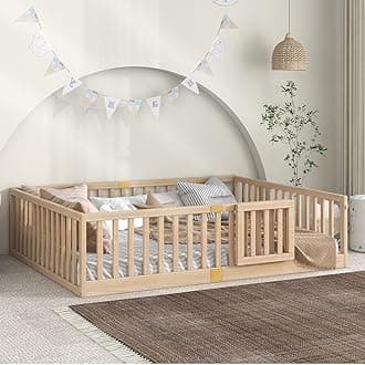 Tatub Queen Floor Bed with Safety Guardrails and Door, Montessori Floor Bed for Kids, Wood Kids Floor Beds Frame, Door Can Install Left and Right, Queen-Nature