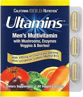 California Gold Nutrition Ultamins Men's Multivitamin with CoQ10, Mushrooms, Enzymes, Veggies & Berries, 60 Veggie Capsules